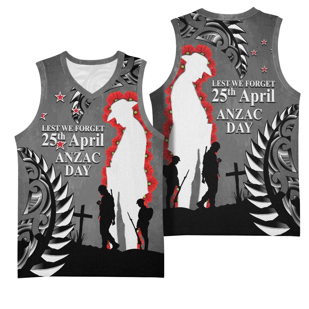New Zealand ANZAC Day Basketball Jersey 25th April Silver Fern With Poppy - Polynesian Pride