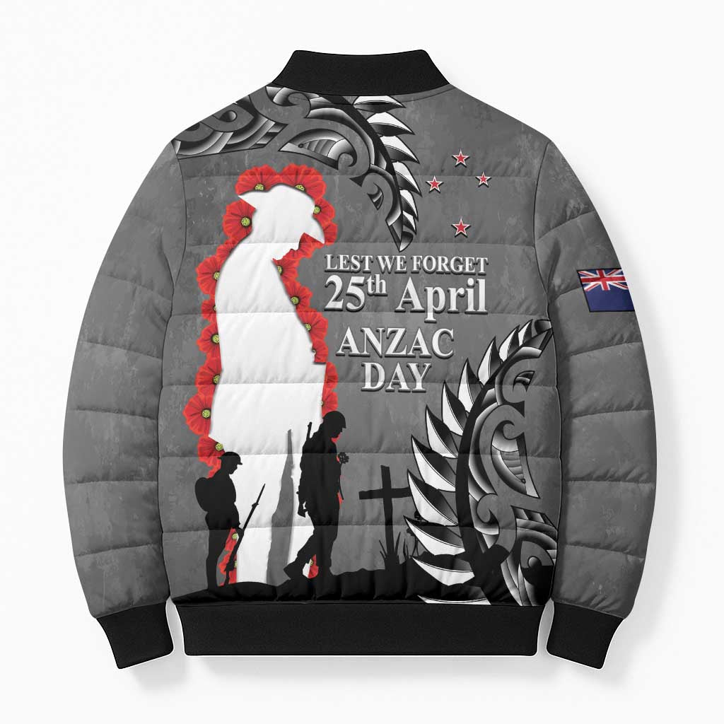 New Zealand ANZAC Day Bomber Puffer Jacket 25th April Silver Fern With Poppy - Polynesian Pride