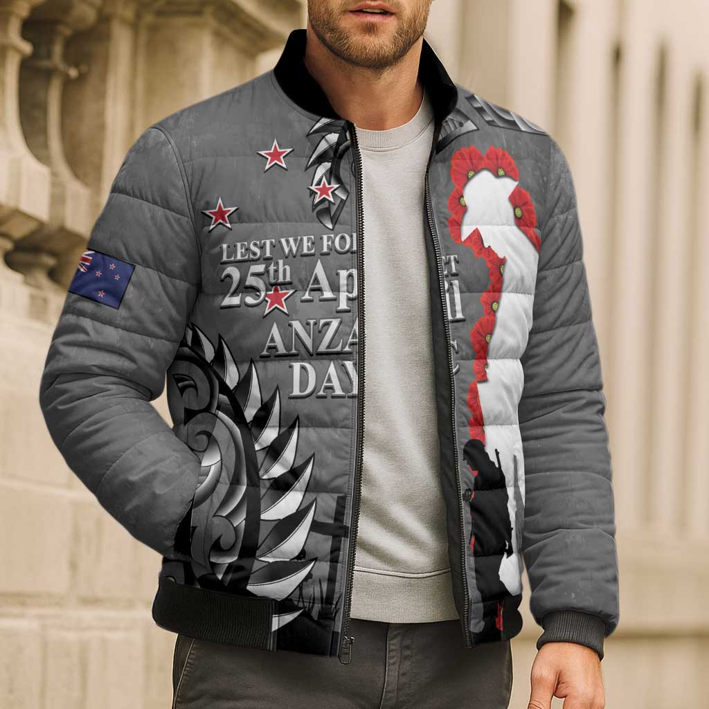 New Zealand ANZAC Day Bomber Puffer Jacket 25th April Silver Fern With Poppy - Polynesian Pride