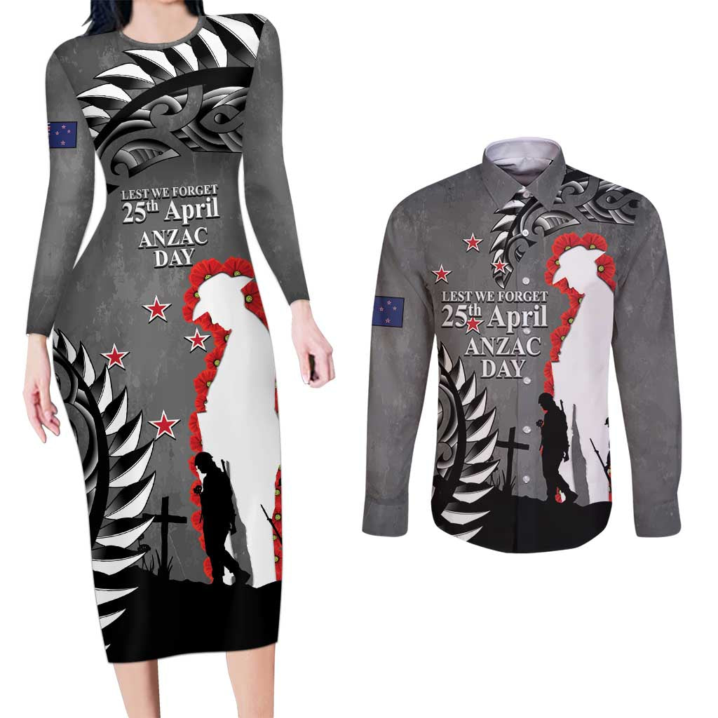 New Zealand ANZAC Day Couples Matching Long Sleeve Bodycon Dress and Long Sleeve Button Shirt 25th April Silver Fern With Poppy LT14 Gray - Polynesian Pride