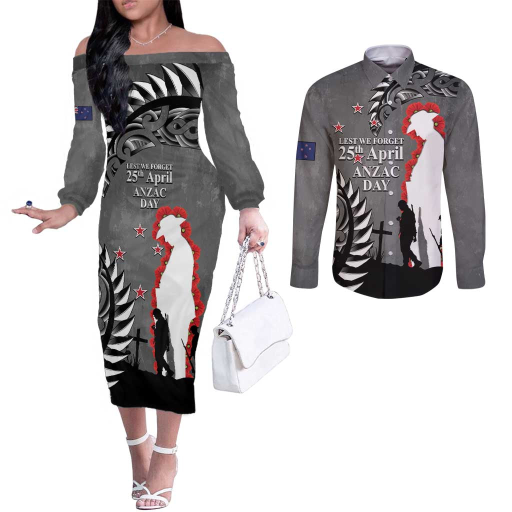 New Zealand ANZAC Day Couples Matching Off The Shoulder Long Sleeve Dress and Long Sleeve Button Shirt 25th April Silver Fern With Poppy LT14 Gray - Polynesian Pride