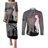 New Zealand ANZAC Day Couples Matching Puletasi and Long Sleeve Button Shirt 25th April Silver Fern With Poppy LT14 Gray - Polynesian Pride
