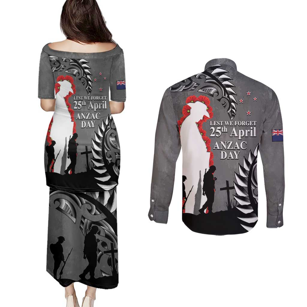 New Zealand ANZAC Day Couples Matching Puletasi and Long Sleeve Button Shirt 25th April Silver Fern With Poppy LT14 - Polynesian Pride