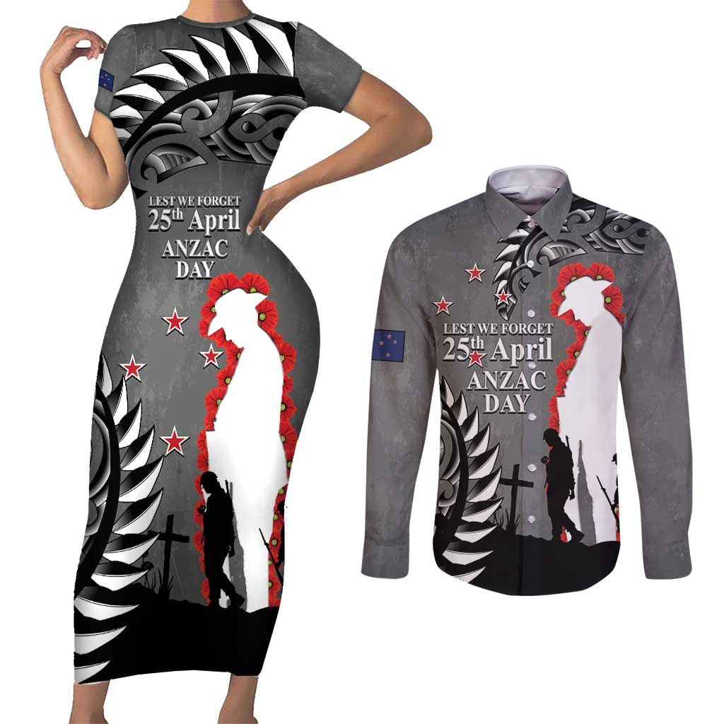New Zealand ANZAC Day Couples Matching Short Sleeve Bodycon Dress and Long Sleeve Button Shirt 25th April Silver Fern With Poppy LT14 Gray - Polynesian Pride