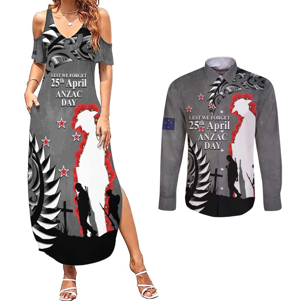 New Zealand ANZAC Day Couples Matching Summer Maxi Dress and Long Sleeve Button Shirt 25th April Silver Fern With Poppy LT14 Gray - Polynesian Pride