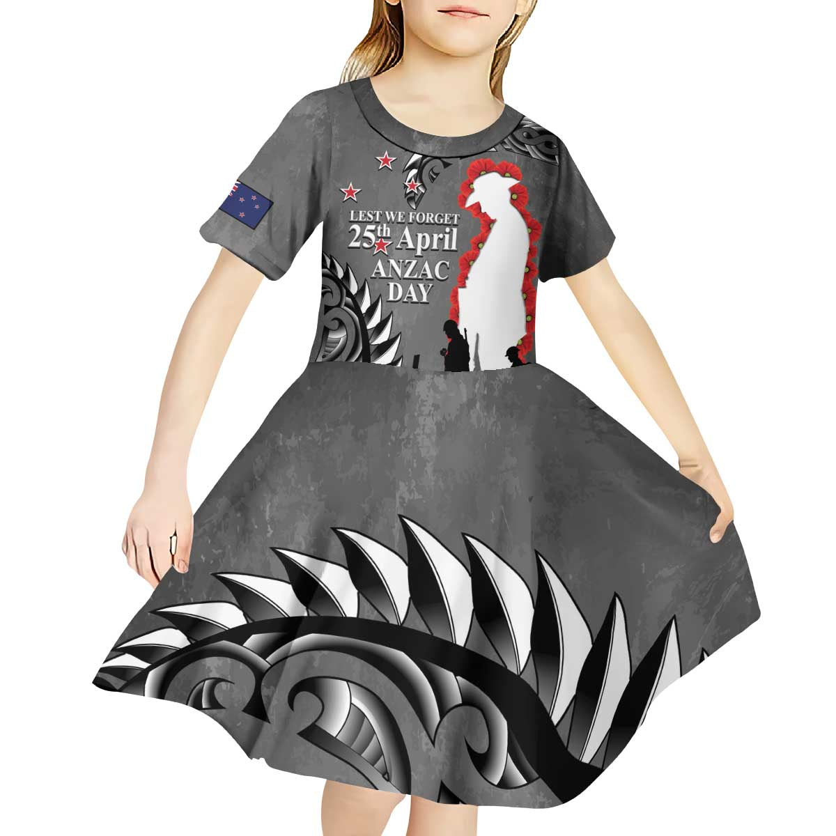 New Zealand ANZAC Day Kid Short Sleeve Dress 25th April Silver Fern With Poppy