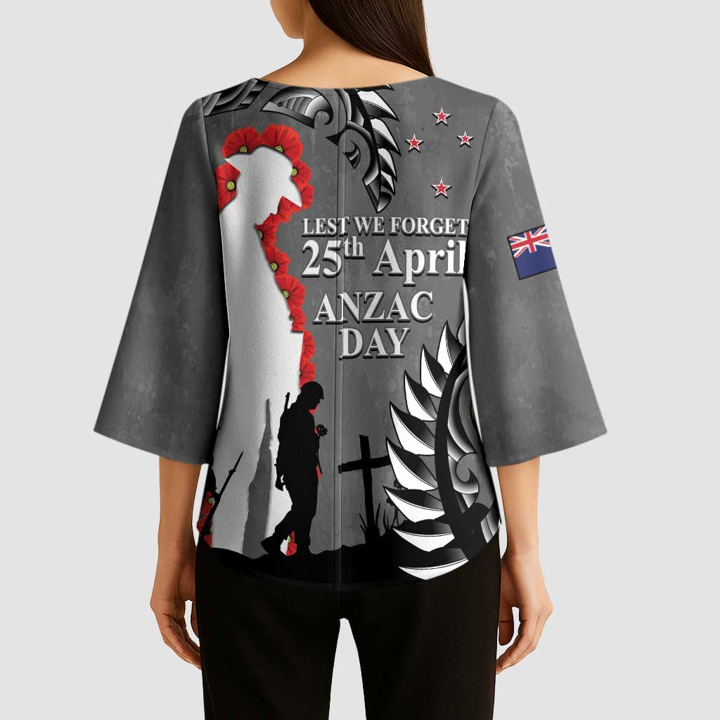 New Zealand ANZAC Day Kimono Sleeve Blouse 25th April Silver Fern With Poppy - Polynesian Pride