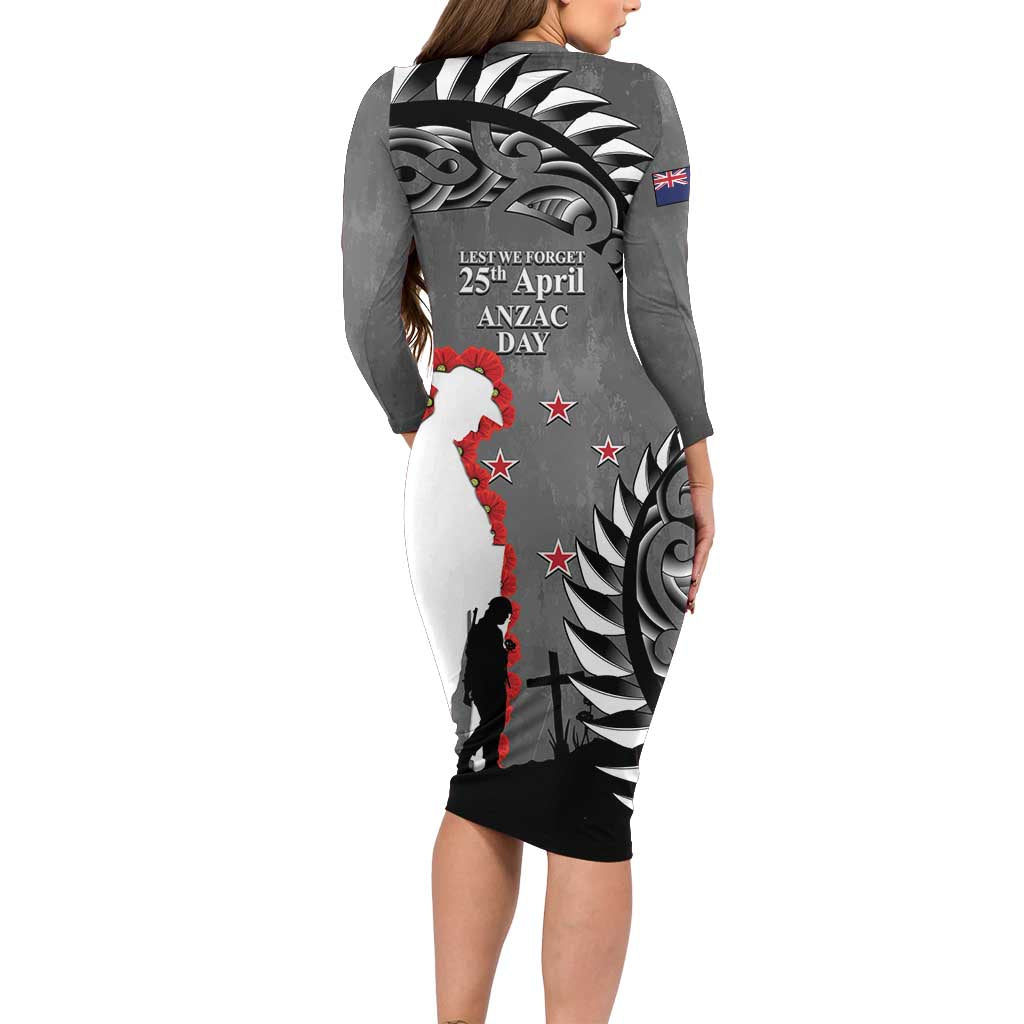 New Zealand ANZAC Day Long Sleeve Bodycon Dress 25th April Silver Fern With Poppy LT14 - Polynesian Pride