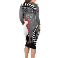 New Zealand ANZAC Day Long Sleeve Bodycon Dress 25th April Silver Fern With Poppy LT14 - Polynesian Pride