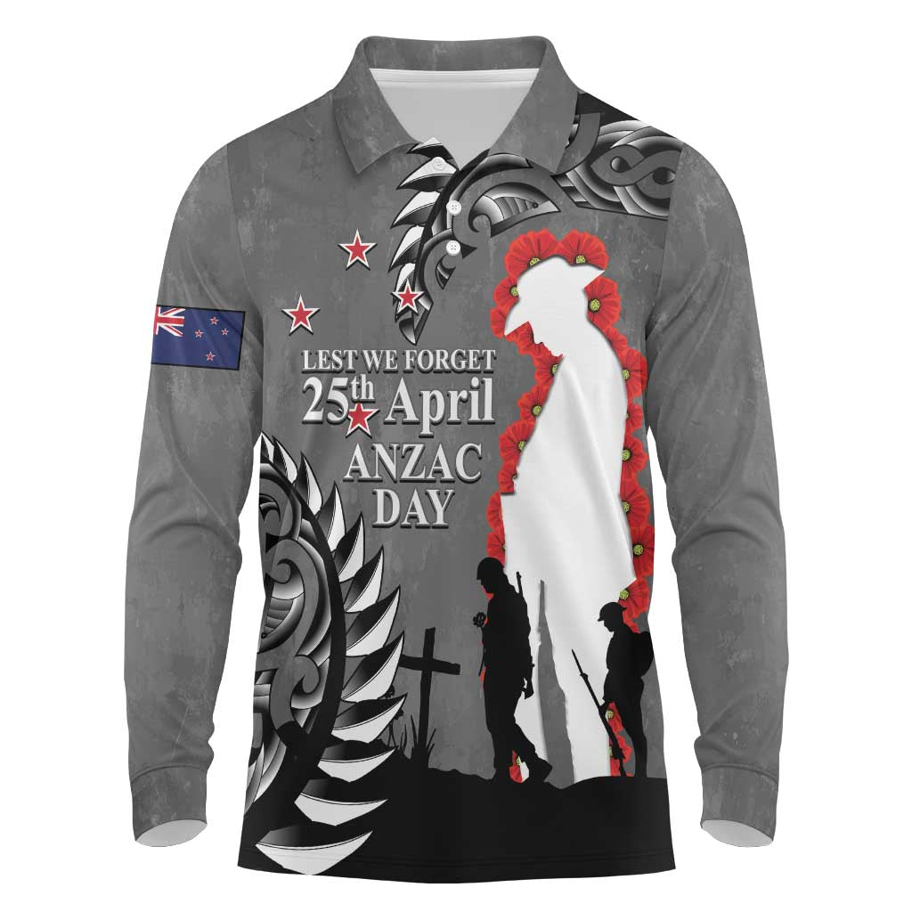 New Zealand ANZAC Day Long Sleeve Polo Shirt 25th April Silver Fern With Poppy LT14 Gray - Polynesian Pride
