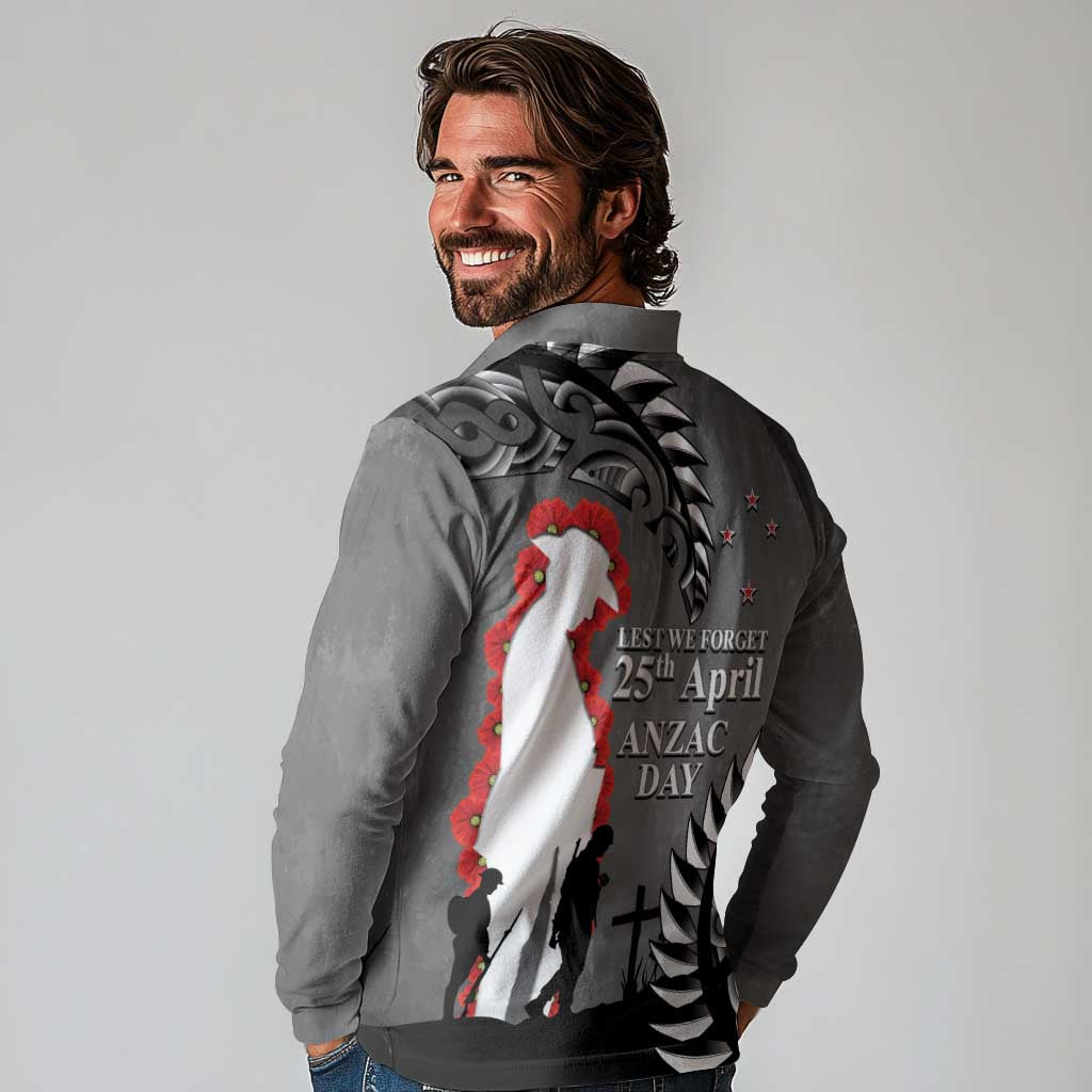 New Zealand ANZAC Day Long Sleeve Polo Shirt 25th April Silver Fern With Poppy LT14 - Polynesian Pride