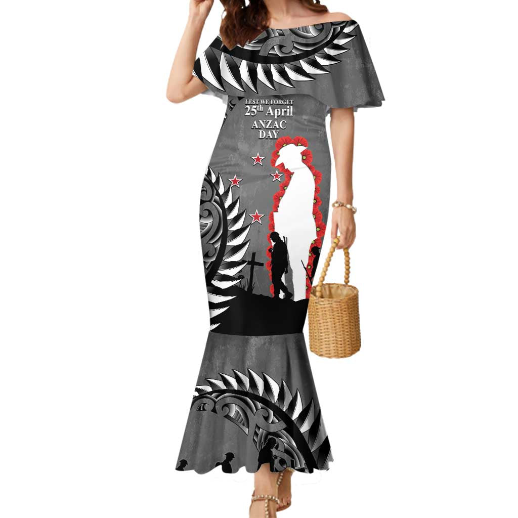 New Zealand ANZAC Day Mermaid Dress 25th April Silver Fern With Poppy LT14 Women Gray - Polynesian Pride