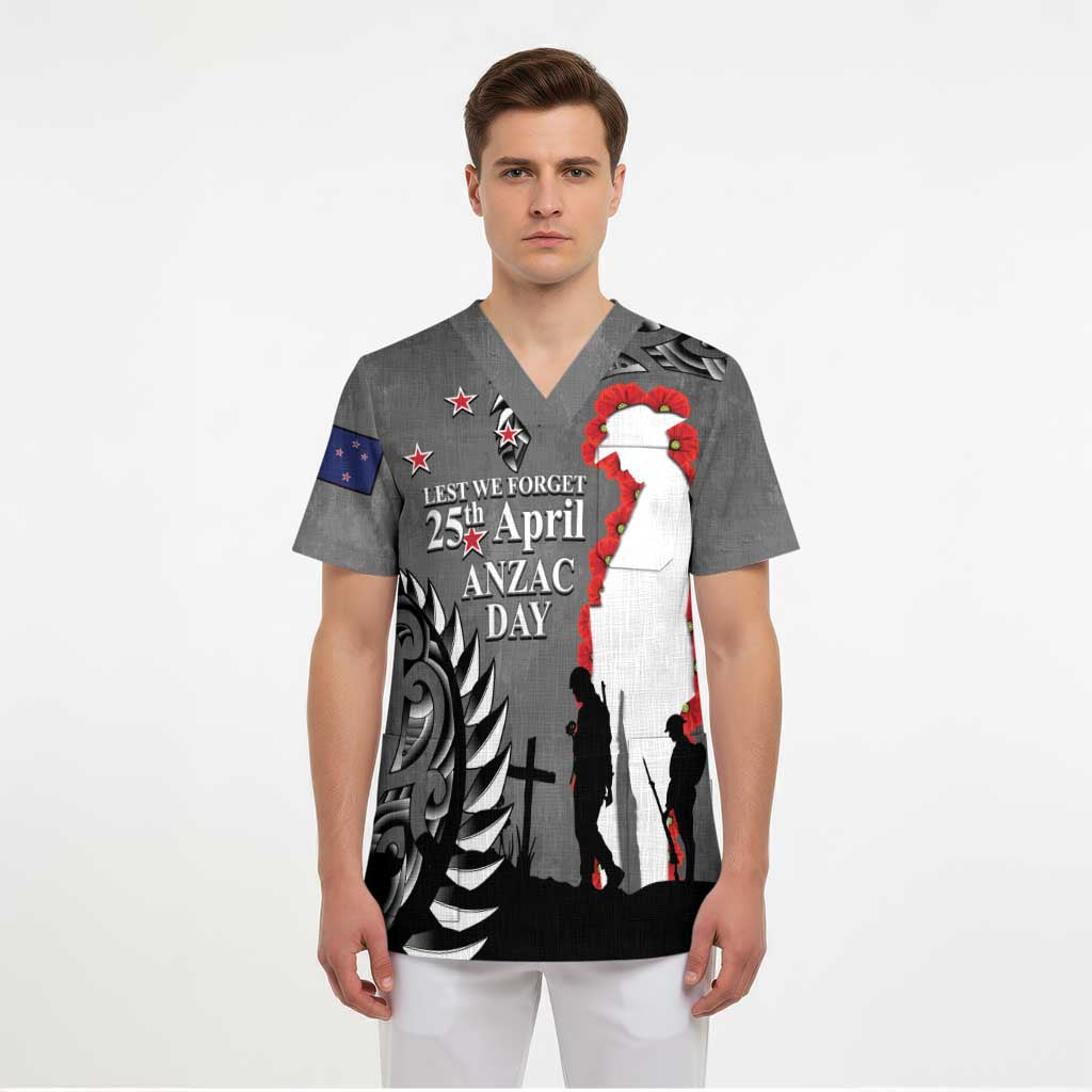 New Zealand ANZAC Day Scrub Top 25th April Silver Fern With Poppy - Polynesian Pride