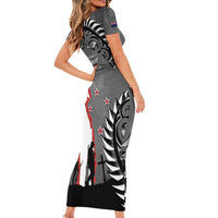 New Zealand ANZAC Day Short Sleeve Bodycon Dress 25th April Silver Fern With Poppy LT14 - Polynesian Pride