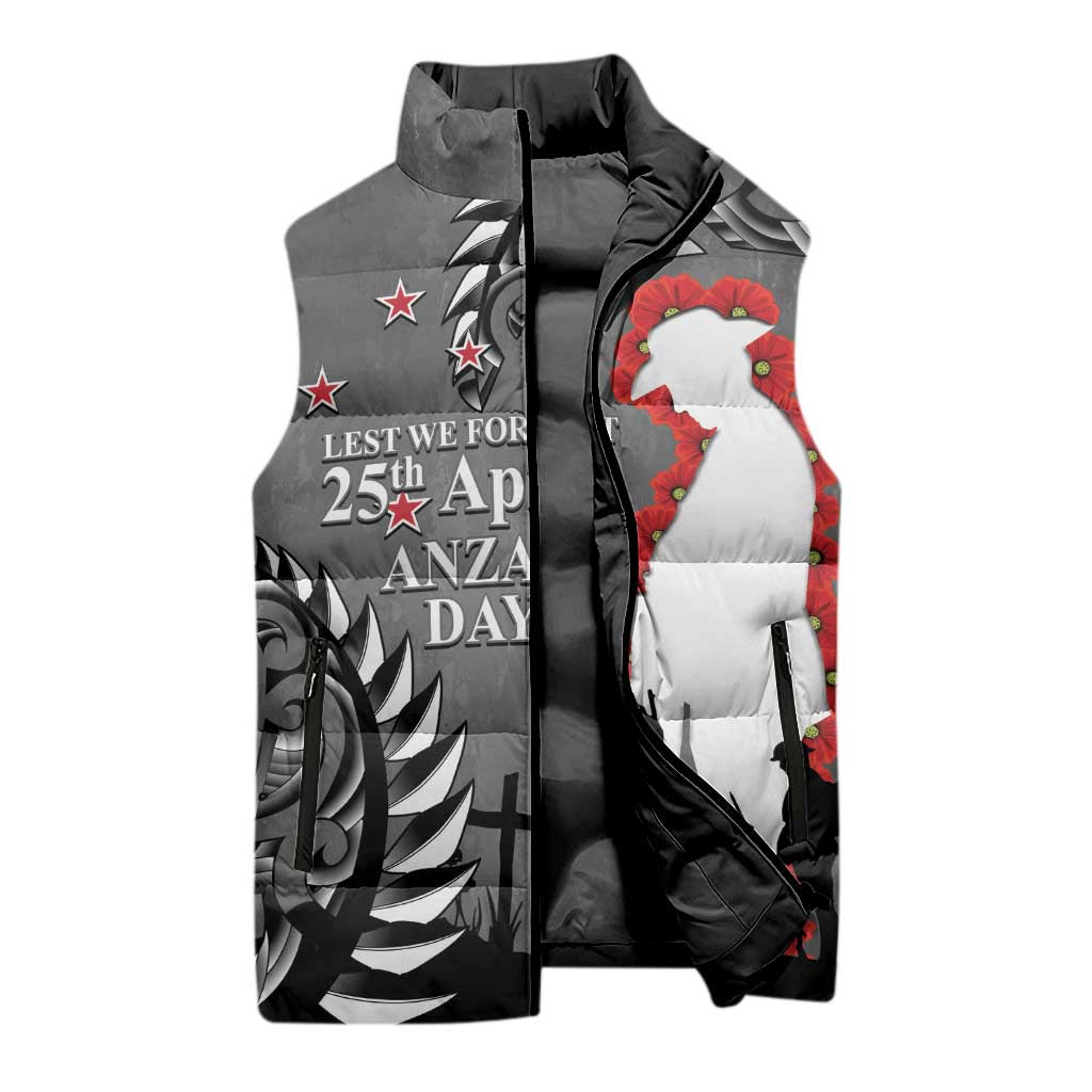 New Zealand ANZAC Day Sleeveless Puffer Jacket 25th April Silver Fern With Poppy - Polynesian Pride