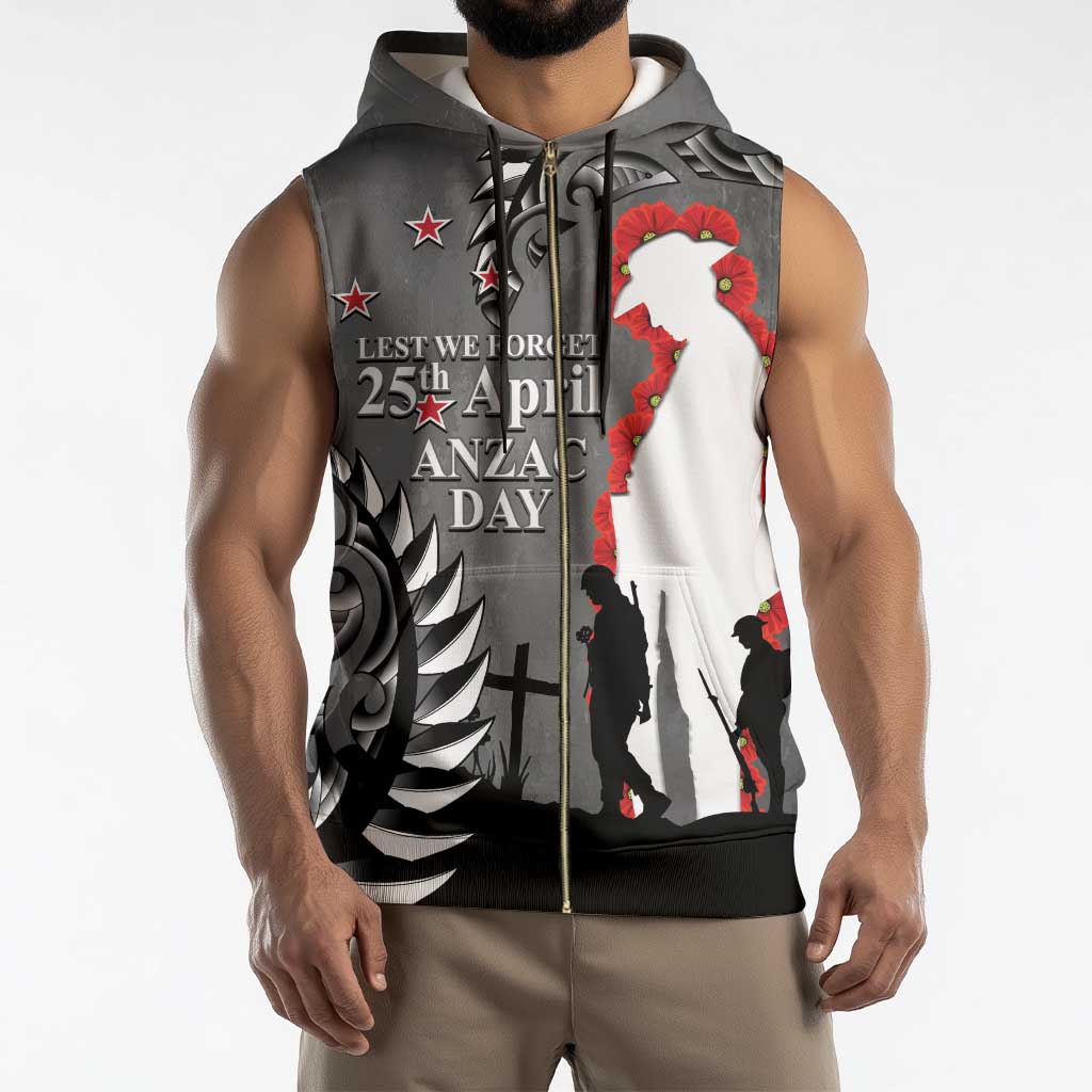New Zealand ANZAC Day Sleeveless Zip Hoodie 25th April Silver Fern With Poppy - Polynesian Pride