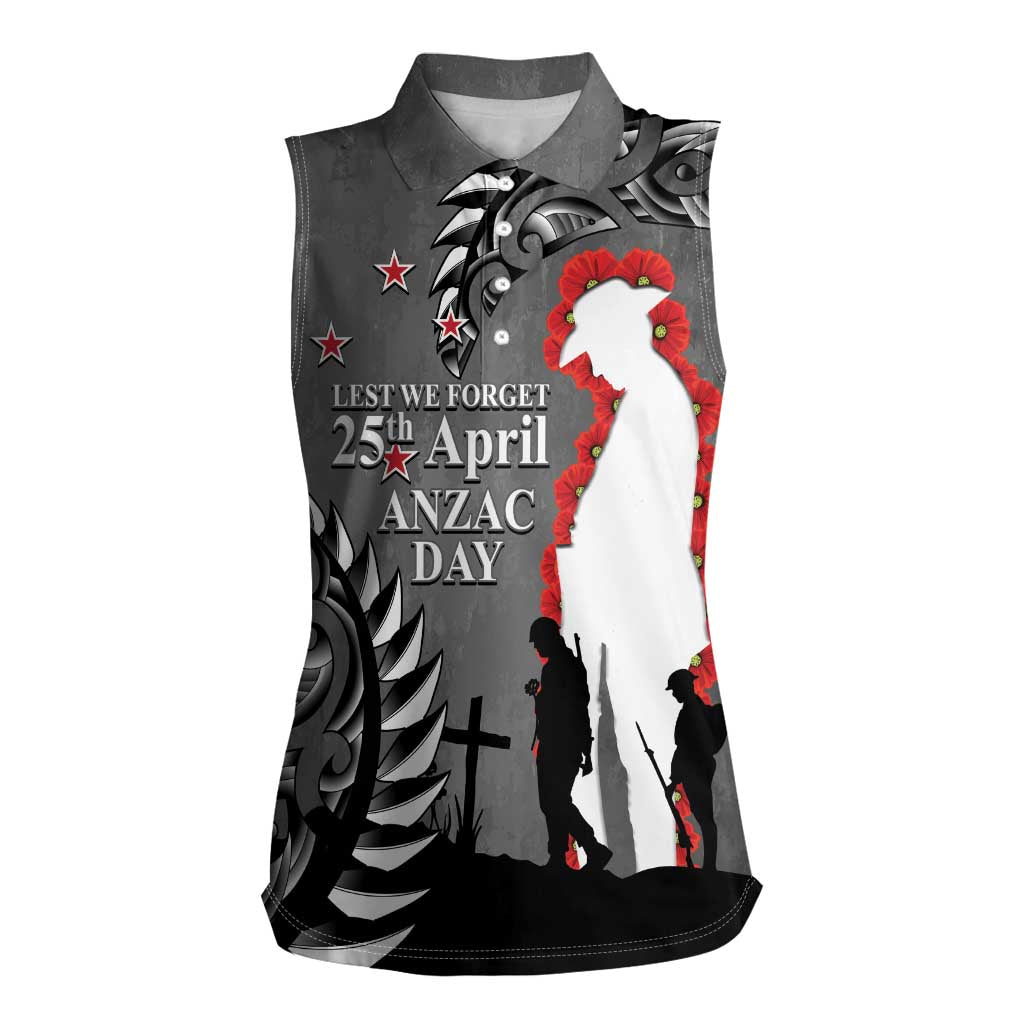 New Zealand ANZAC Day Women Sleeveless Polo Shirt 25th April Silver Fern With Poppy LT14 Female Gray - Polynesian Pride