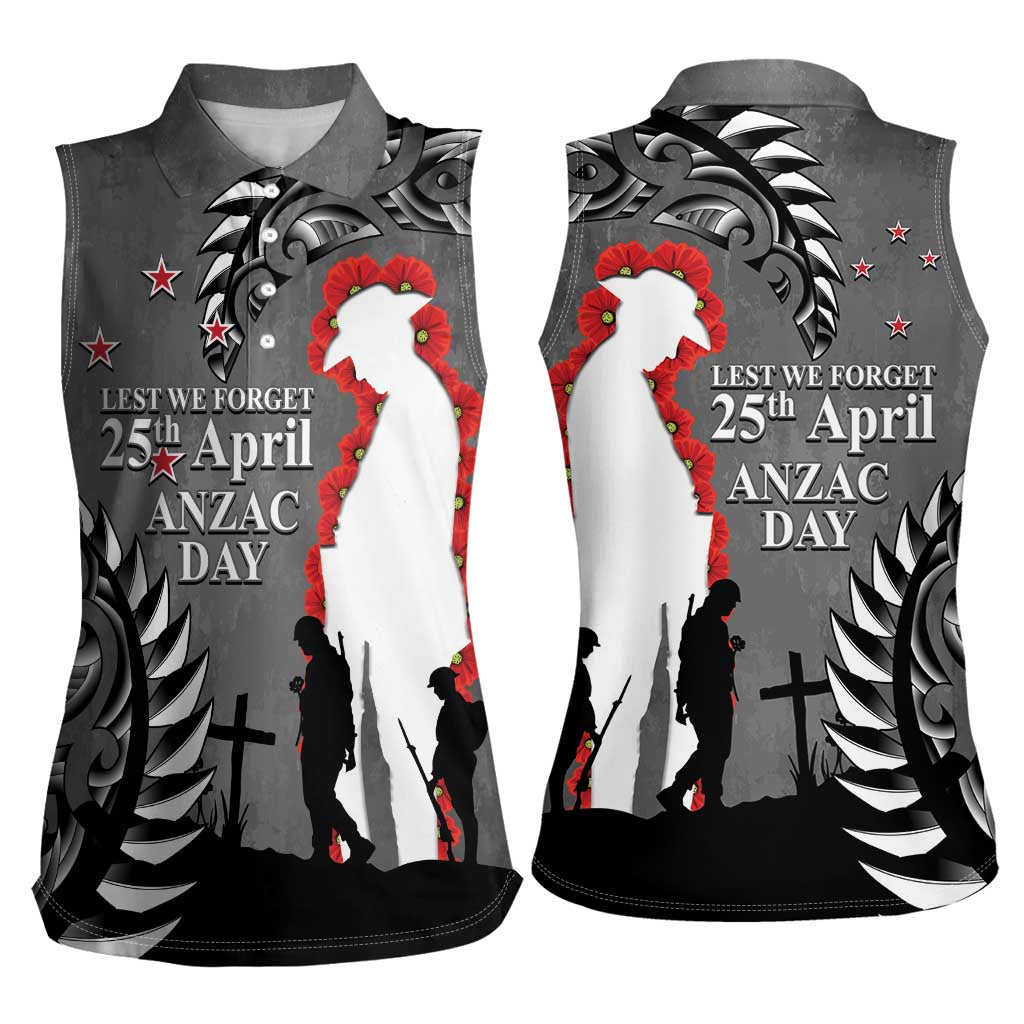 New Zealand ANZAC Day Women Sleeveless Polo Shirt 25th April Silver Fern With Poppy LT14 - Polynesian Pride