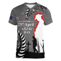 New Zealand ANZAC Day Women V-Neck T-Shirt 25th April Silver Fern With Poppy LT14 Female Gray - Polynesian Pride