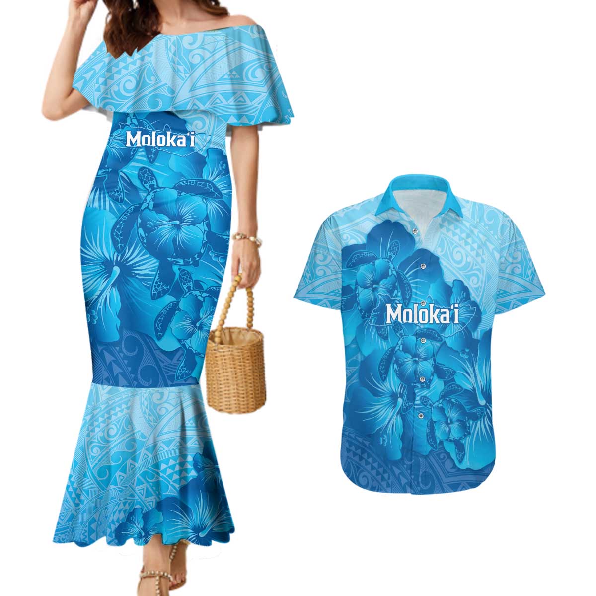 Aloha Hawaii Molokai Island Couples Matching Mermaid Dress and Hawaiian Shirt Hibiscus Tribal Honu Hawaiian Tattoo