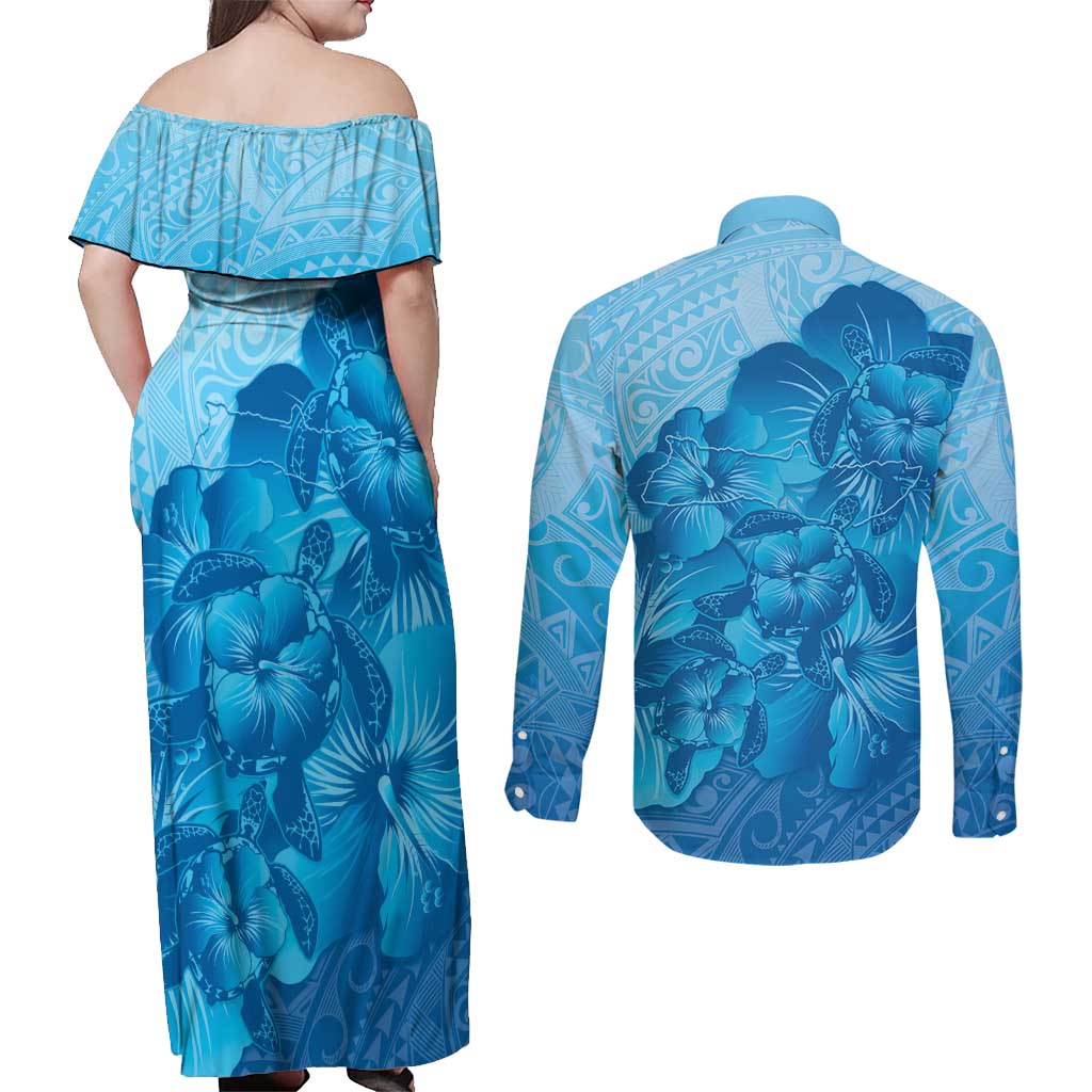 Aloha Hawaii Molokai Island Couples Matching Off Shoulder Maxi Dress and Long Sleeve Button Shirt Hibiscus Tribal Honu Hawaiian Tattoo
