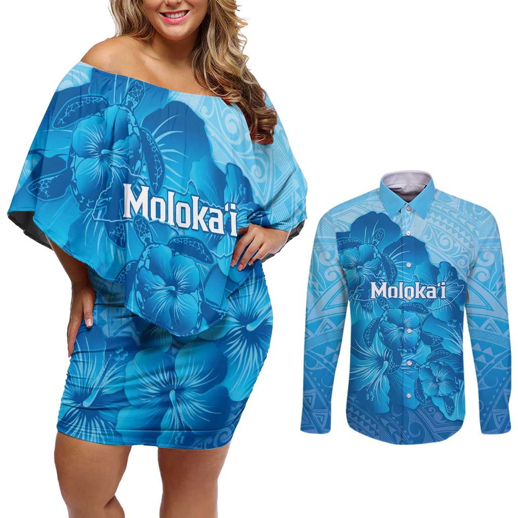 Aloha Hawaii Molokai Island Couples Matching Off Shoulder Short Dress and Long Sleeve Button Shirt Hibiscus Tribal Honu Hawaiian Tattoo