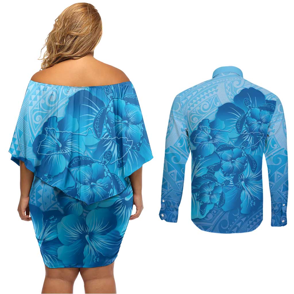 Aloha Hawaii Molokai Island Couples Matching Off Shoulder Short Dress and Long Sleeve Button Shirt Hibiscus Tribal Honu Hawaiian Tattoo