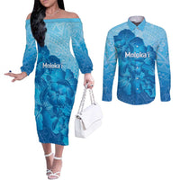 Aloha Hawaii Molokai Island Couples Matching Off The Shoulder Long Sleeve Dress and Long Sleeve Button Shirt Hibiscus Tribal Honu Hawaiian Tattoo