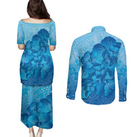 Aloha Hawaii Molokai Island Couples Matching Puletasi and Long Sleeve Button Shirt Hibiscus Tribal Honu Hawaiian Tattoo