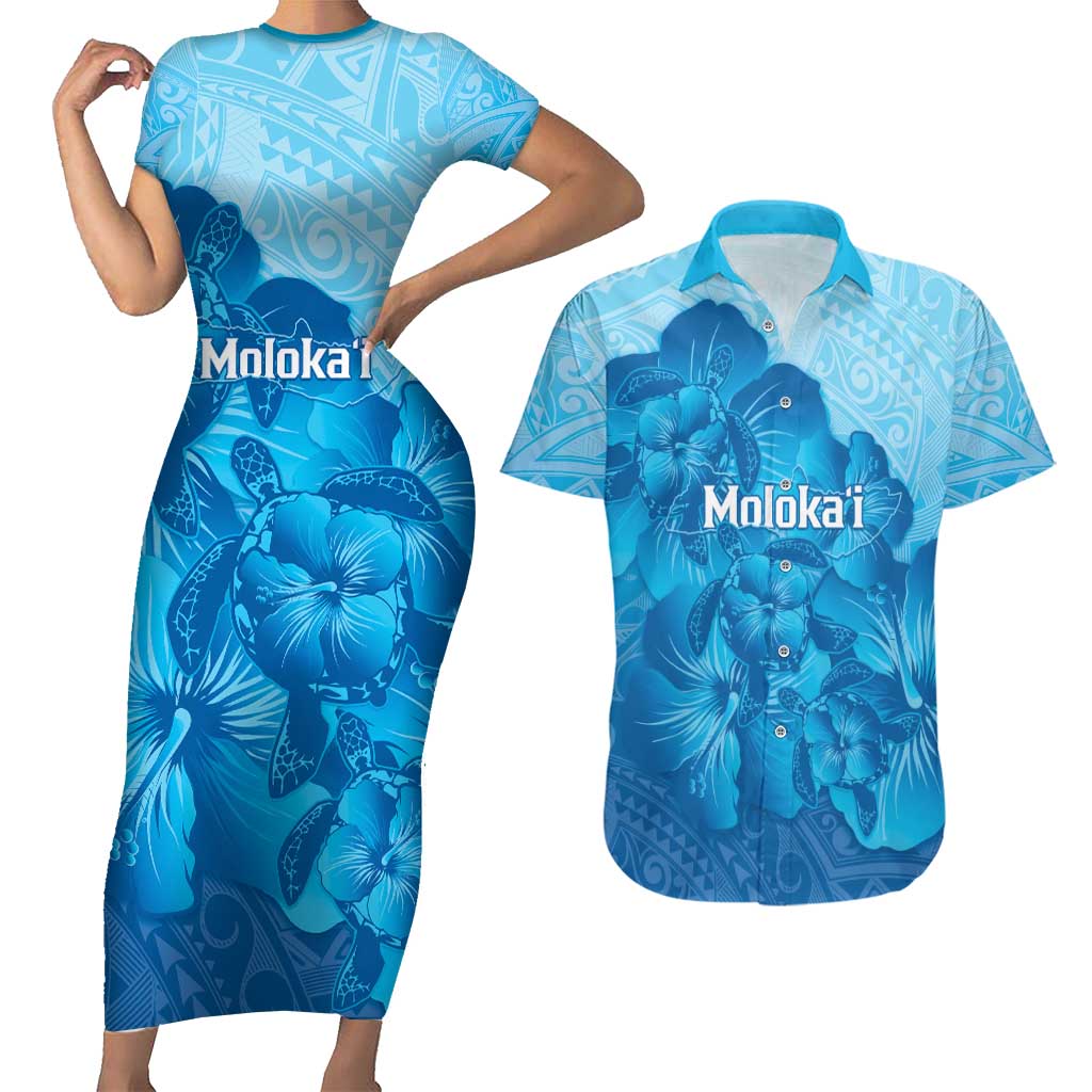 Aloha Hawaii Molokai Island Couples Matching Short Sleeve Bodycon Dress and Hawaiian Shirt Hibiscus Tribal Honu Hawaiian Tattoo