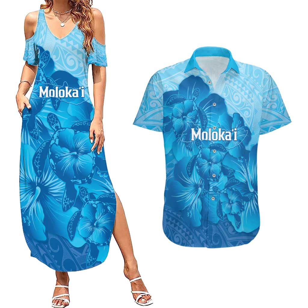 Aloha Hawaii Molokai Island Couples Matching Summer Maxi Dress and Hawaiian Shirt Hibiscus Tribal Honu Hawaiian Tattoo