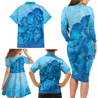 Aloha Hawaii Molokai Island Family Matching Long Sleeve Bodycon Dress and Hawaiian Shirt Hibiscus Tribal Honu Hawaiian Tattoo