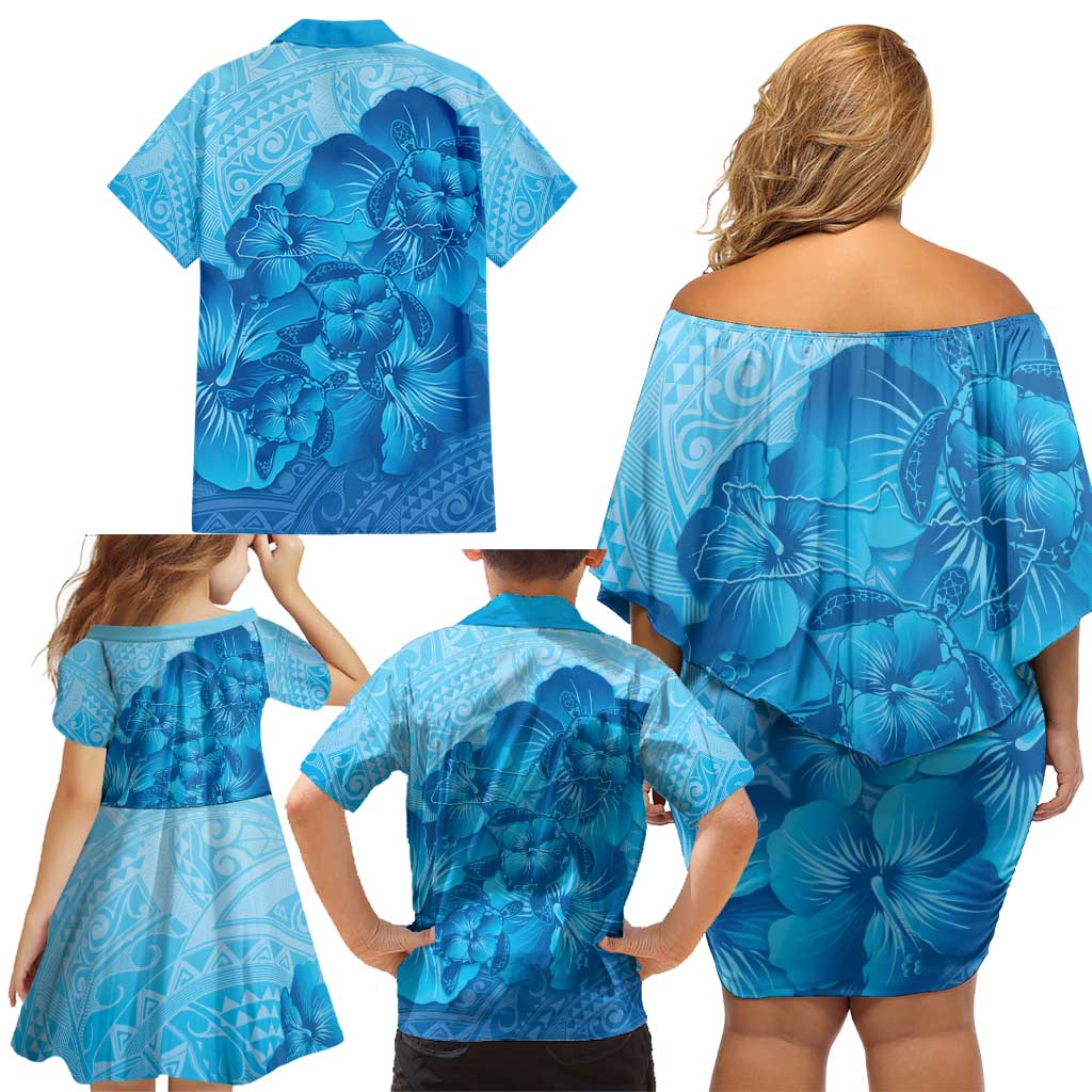 Aloha Hawaii Molokai Island Family Matching Off Shoulder Short Dress and Hawaiian Shirt Hibiscus Tribal Honu Hawaiian Tattoo