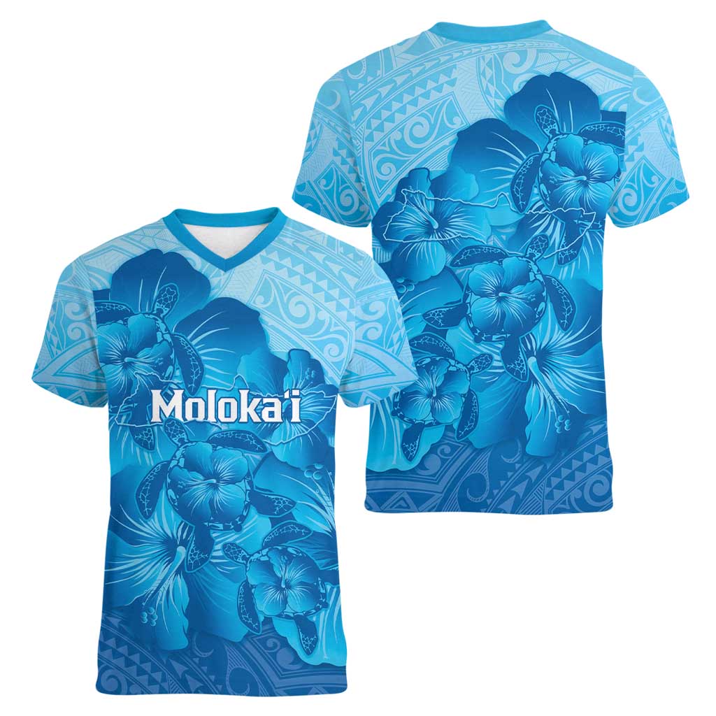 Aloha Hawaii Molokai Island Women V-Neck T-Shirt Hibiscus Tribal Honu Hawaiian Tattoo