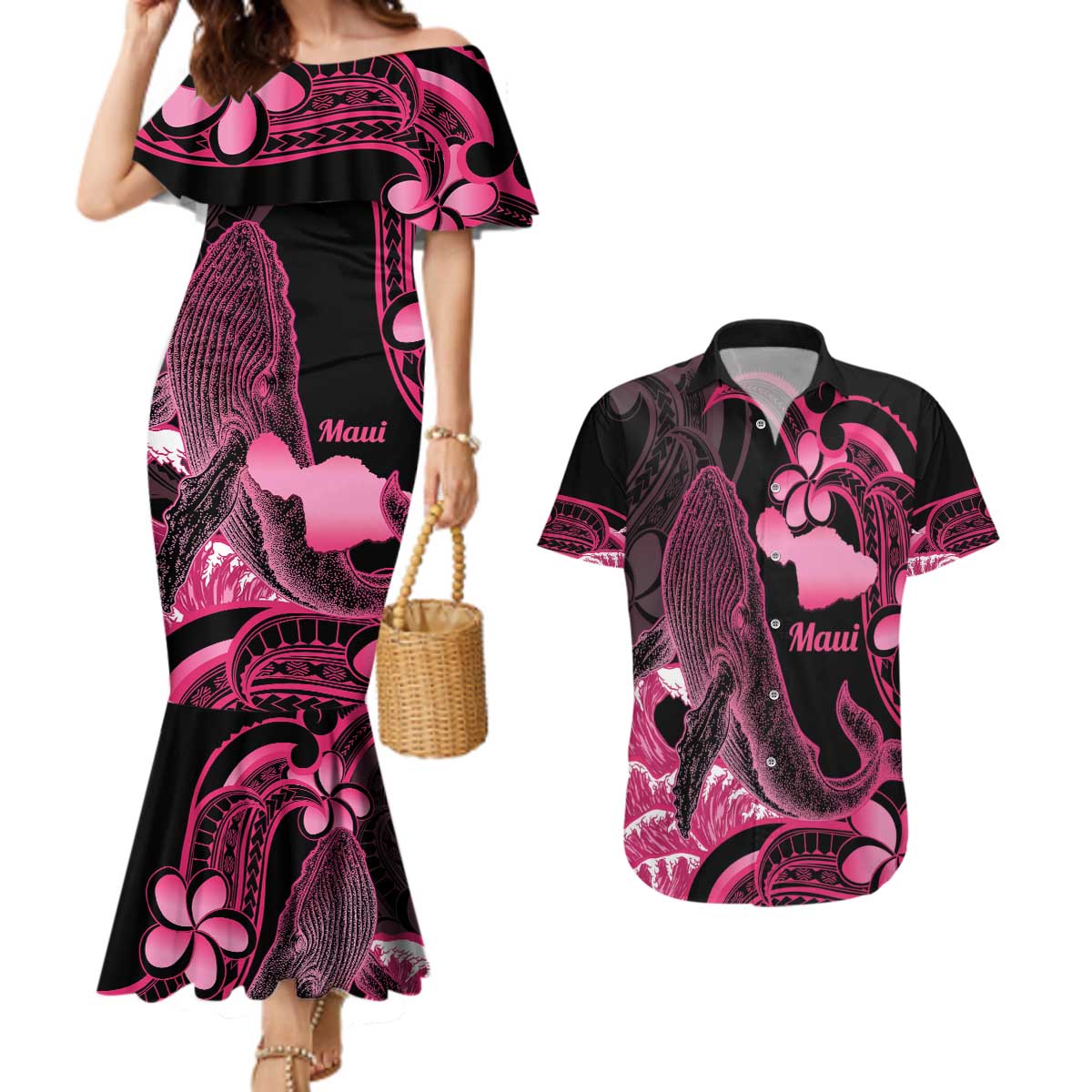 Aloha Hawaii Maui Couples Matching Mermaid Dress and Hawaiian Shirt Valley Isle Humpback Whale Black
