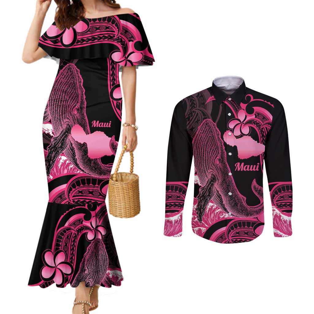 Aloha Hawaii Maui Couples Matching Mermaid Dress and Long Sleeve Button Shirt Valley Isle Humpback Whale Black