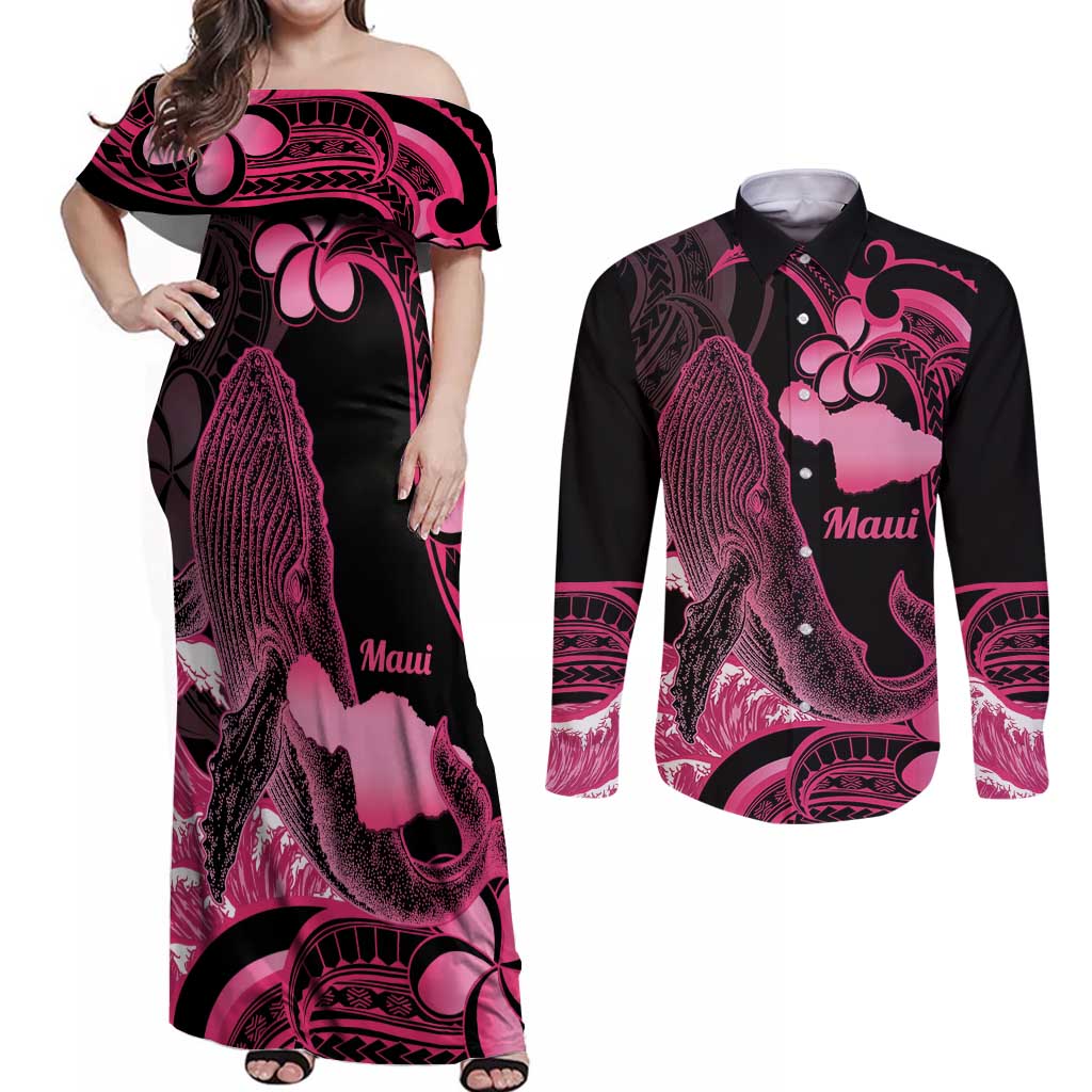 Aloha Hawaii Maui Couples Matching Off Shoulder Maxi Dress and Long Sleeve Button Shirt Valley Isle Humpback Whale Black
