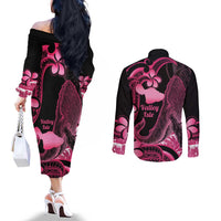 Aloha Hawaii Maui Couples Matching Off The Shoulder Long Sleeve Dress and Long Sleeve Button Shirt Valley Isle Humpback Whale Black