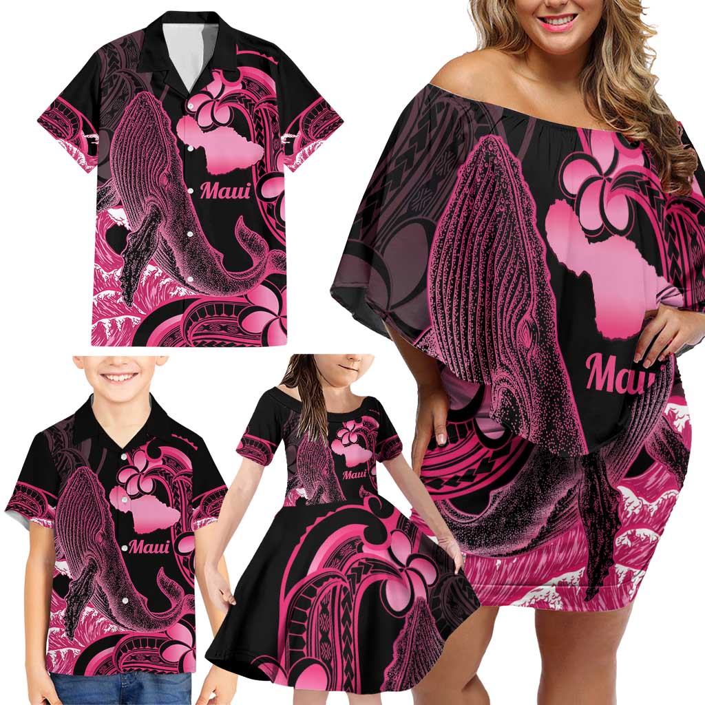 Aloha Hawaii Maui Family Matching Off Shoulder Short Dress and Hawaiian Shirt Valley Isle Humpback Whale Black