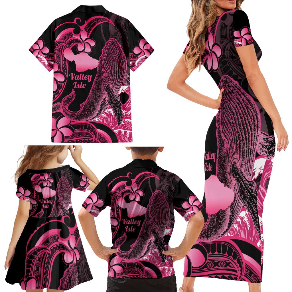 Aloha Hawaii Maui Family Matching Short Sleeve Bodycon Dress and Hawaiian Shirt Valley Isle Humpback Whale Black