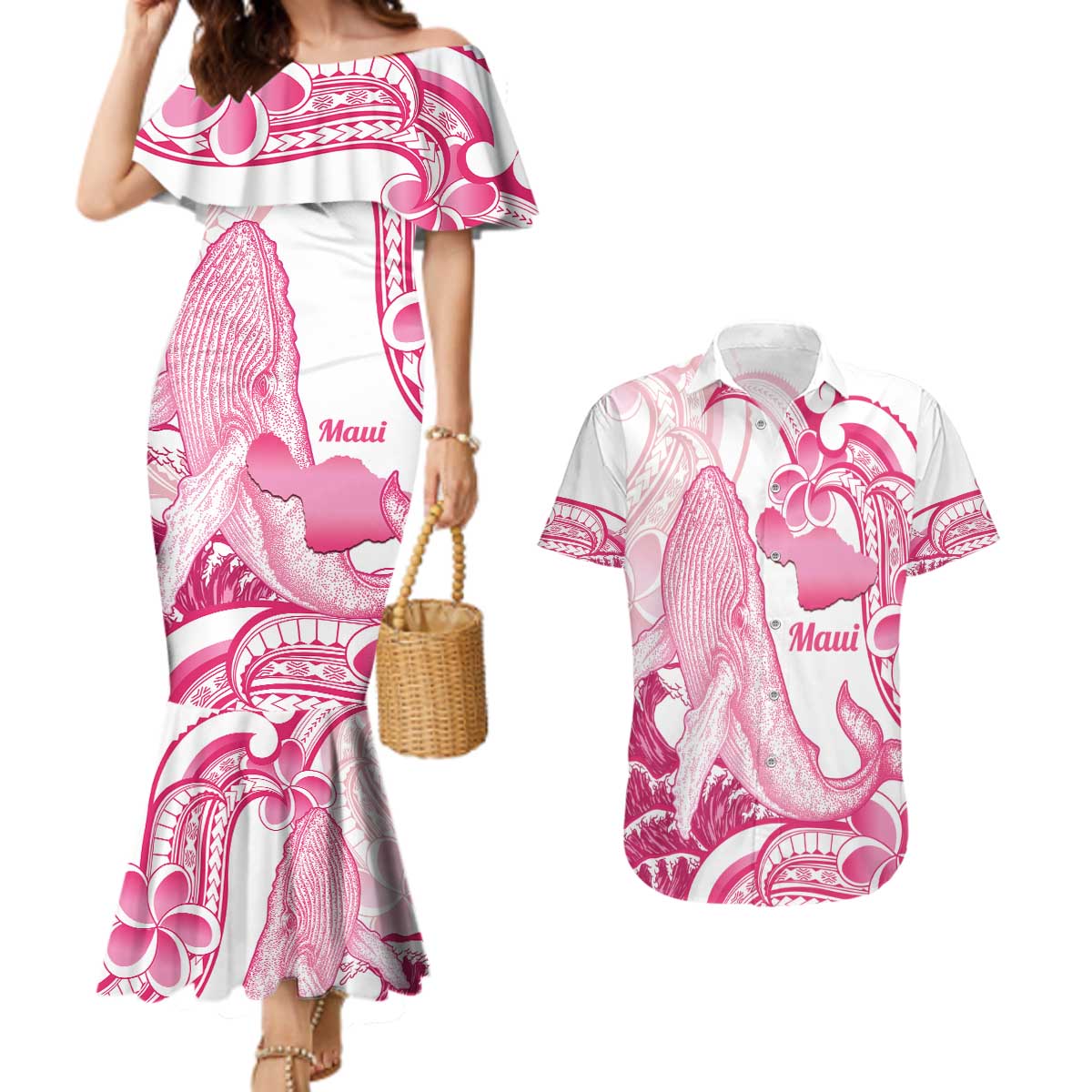 Aloha Hawaii Maui Couples Matching Mermaid Dress and Hawaiian Shirt Valley Isle Humpback Whale White