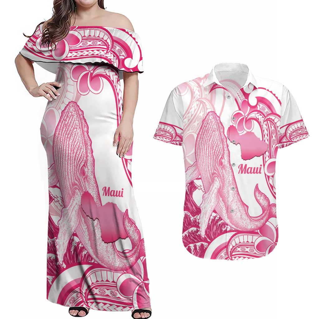 Aloha Hawaii Maui Couples Matching Off Shoulder Maxi Dress and Hawaiian Shirt Valley Isle Humpback Whale White
