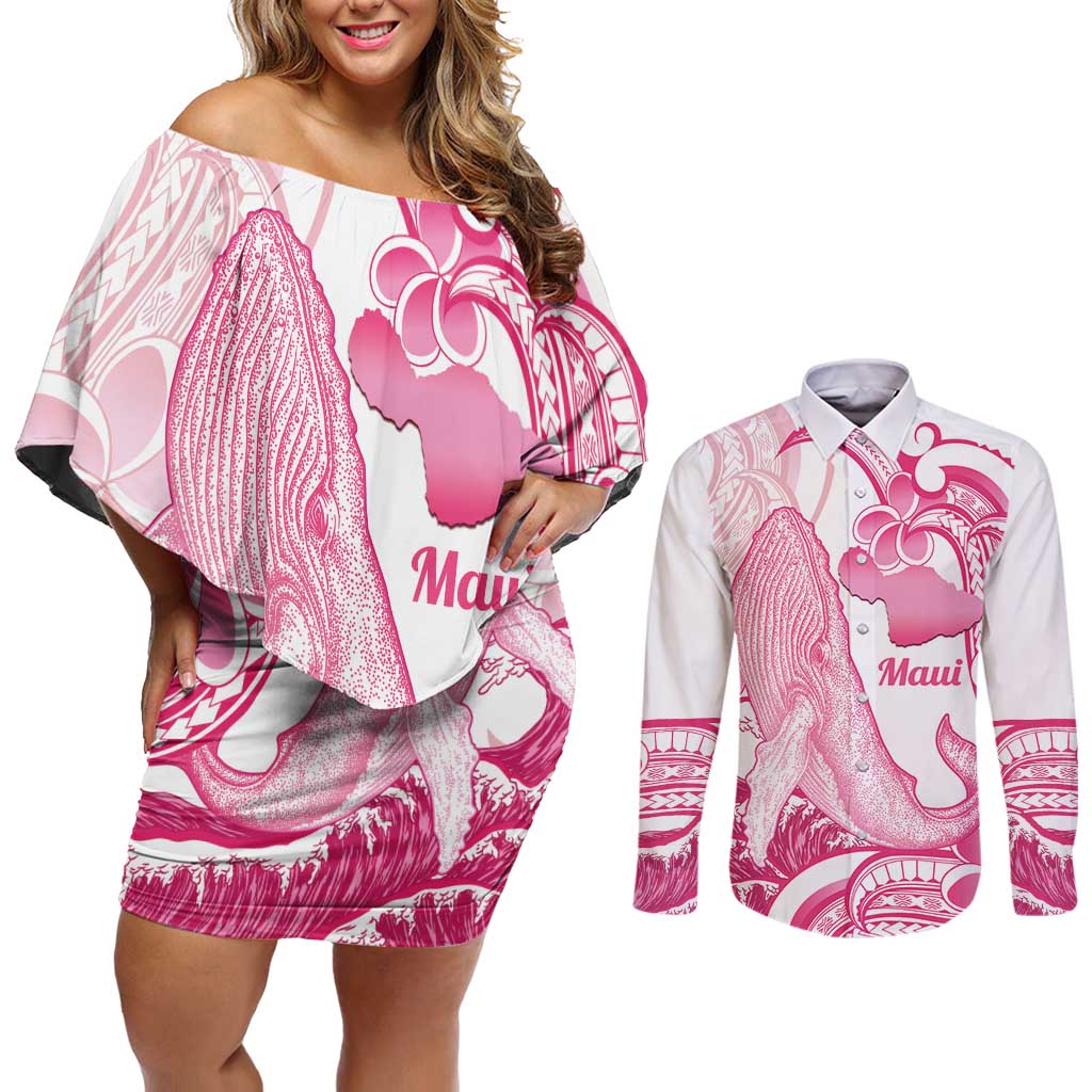 Aloha Hawaii Maui Couples Matching Off Shoulder Short Dress and Long Sleeve Button Shirt Valley Isle Humpback Whale White