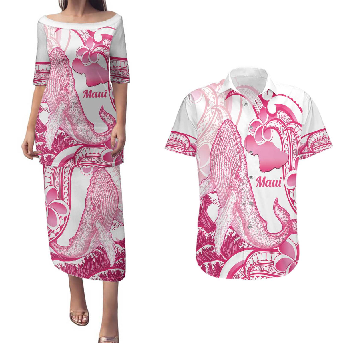 Aloha Hawaii Maui Couples Matching Puletasi and Hawaiian Shirt Valley Isle Humpback Whale White