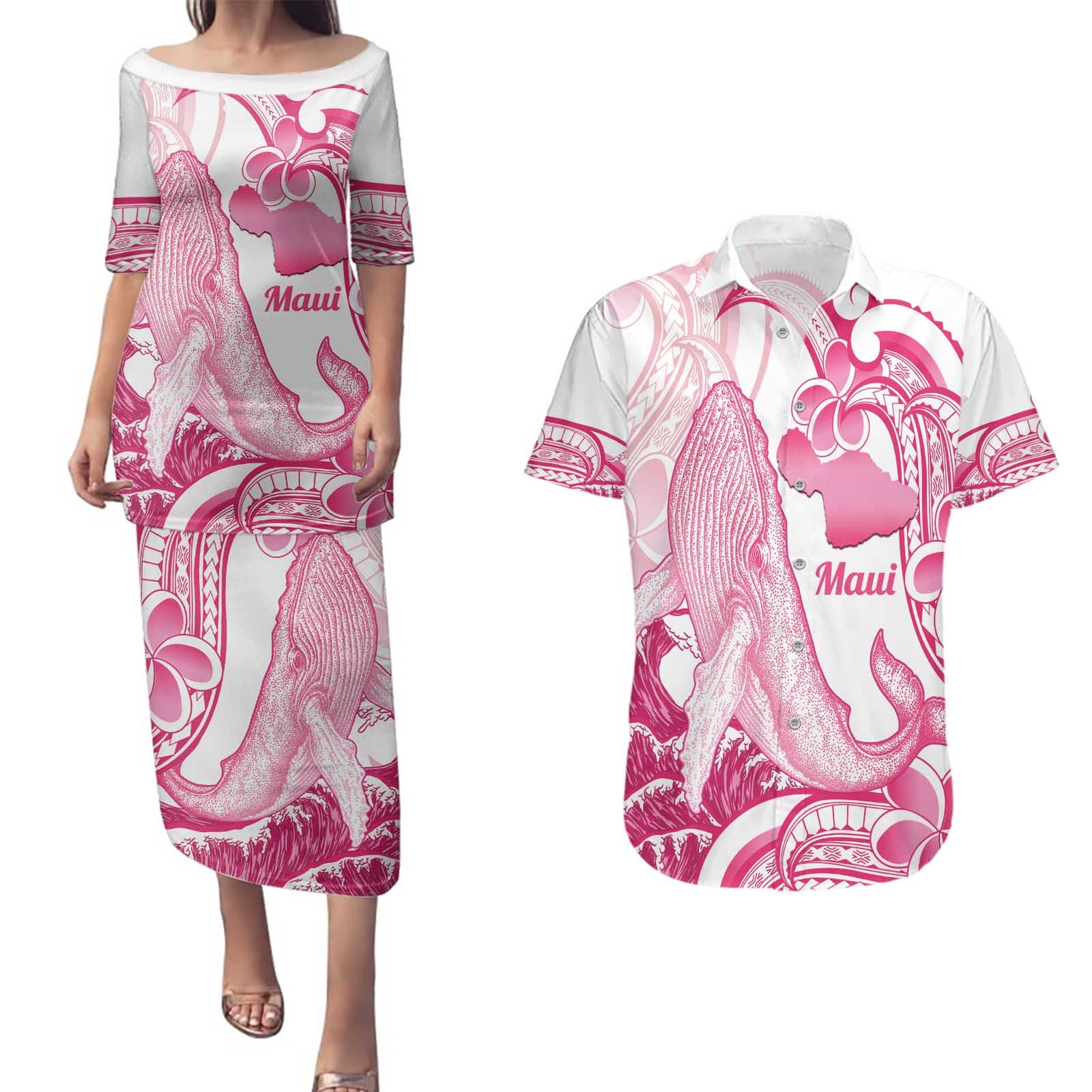 Aloha Hawaii Maui Couples Matching Puletasi and Hawaiian Shirt Valley Isle Humpback Whale White