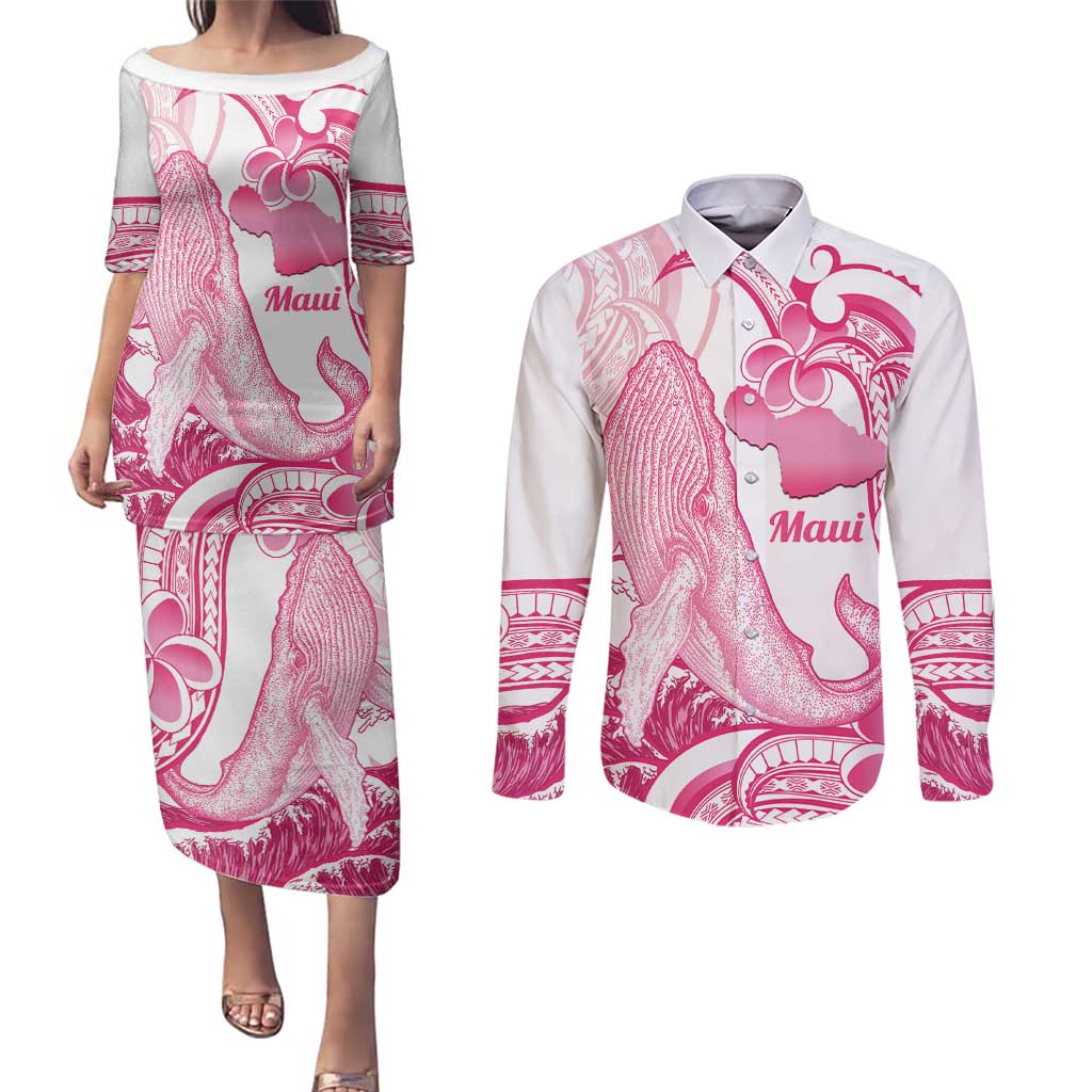 Aloha Hawaii Maui Couples Matching Puletasi and Long Sleeve Button Shirt Valley Isle Humpback Whale White