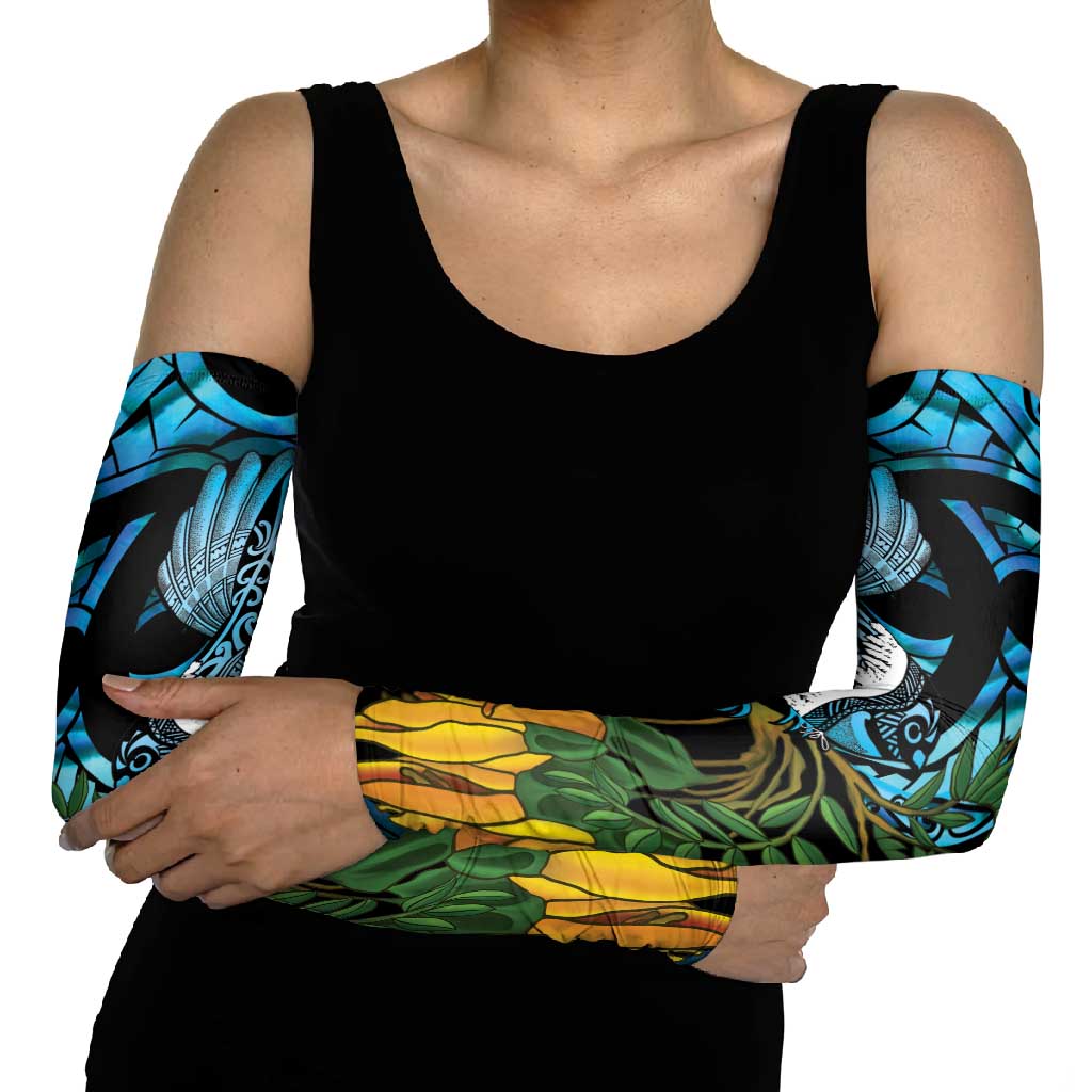 Turquoise New Zealand Kowhai And Piwakawaka Arm Sleeves Maori Ngaru Paua Shell - Polynesian Pride