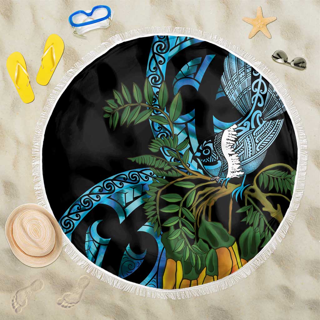 Turquoise New Zealand Kowhai And Piwakawaka Beach Blanket Maori Ngaru Paua Shell