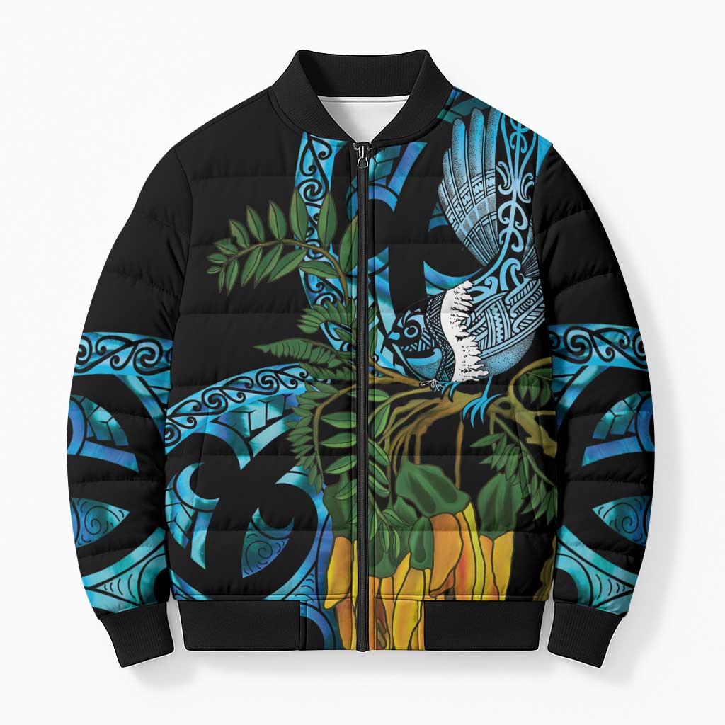 Turquoise New Zealand Kowhai And Piwakawaka Bomber Puffer Jacket Maori Ngaru Paua Shell - Polynesian Pride