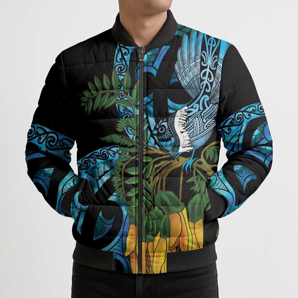 Turquoise New Zealand Kowhai And Piwakawaka Bomber Puffer Jacket Maori Ngaru Paua Shell - Polynesian Pride